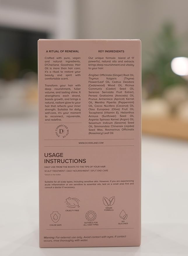 D'Cherlane Hair Growth Oil – Scalp Treatment with Rosemary, Argan, Coconut & Castor Oil Organic | Lightweight, Non-Greasy Formula for Fuller, Thicker, Stronger Strands | For All Hair Types