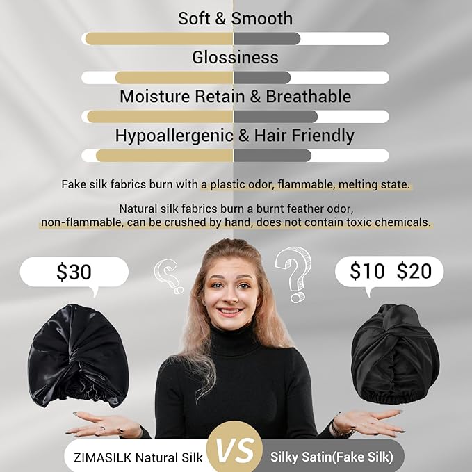 ZIMASILK 22 Momme 100% Mulberry Silk Bonnet for Sleeping & Women Hair Care, Highest Grade 6A Silk Hair wrap for Sleeping with Premium Elastic Stay On Head (1Pc, Black)
