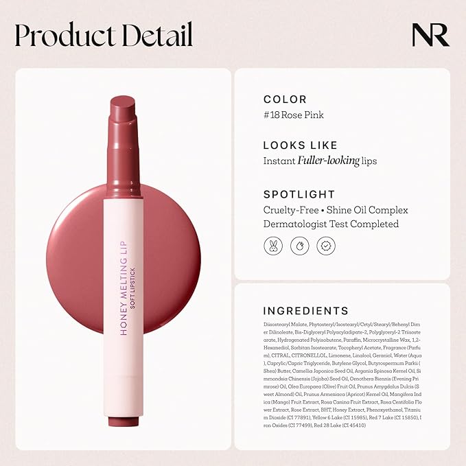 Nature Republic HONEY MELTING LIP (18 ROSE PINK) SOFT LIP STICK, Hydrating Gloss, Moisturizing balms, Sheer tint, Shine & Nude, Glowy Finish, korean make up, Stocking Stuffers