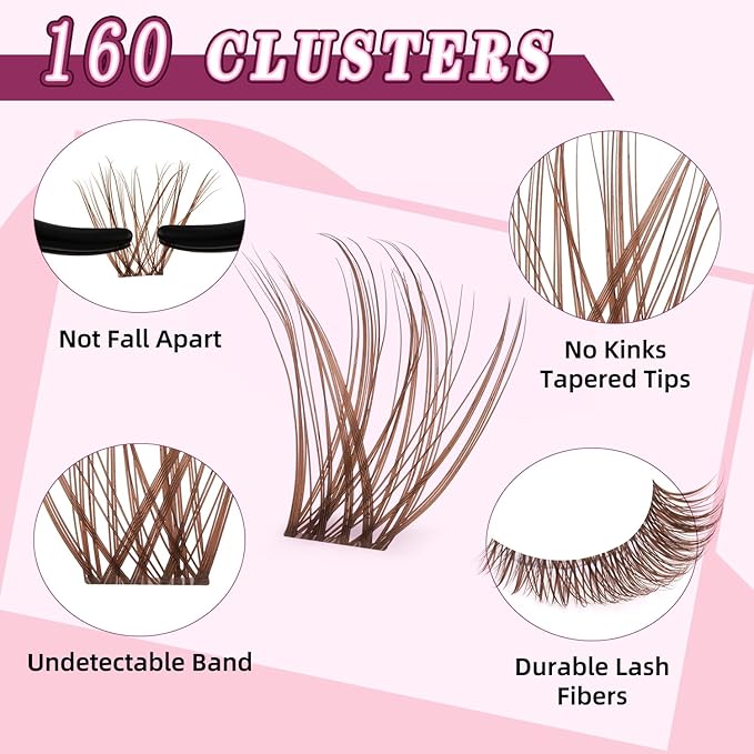 Brown Lash Clusters Natural Lash Extensions Wispy Eyelash Clusters 160pcs D Curl Left&Right Cluster Eyelashes Extensions Individual Cluster Lashes (U16 Lashes Only)