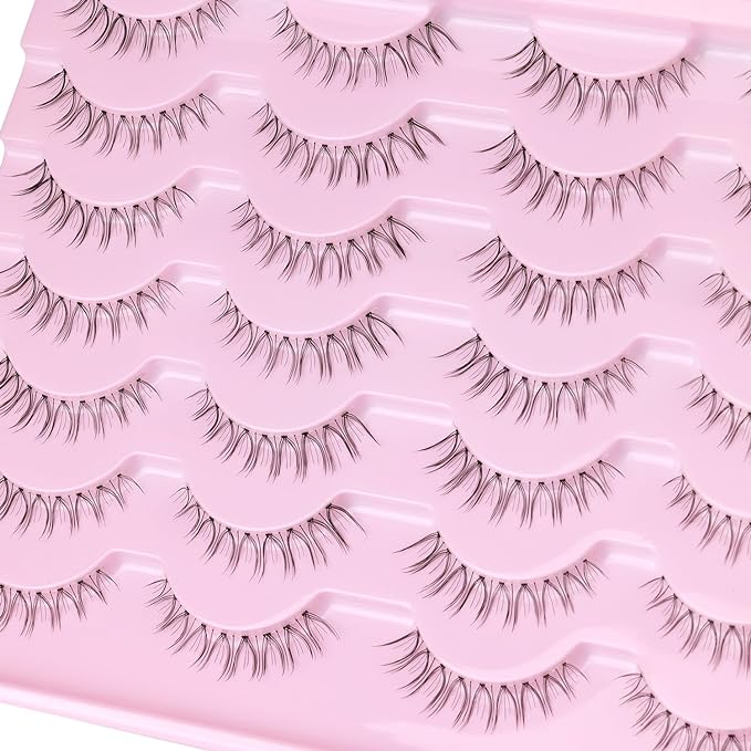 False Lashes Natural Look Short False Eyelashes Wispy 100% Handmade Clear Band Lashes Cat Eye Korean Faux Mink Strip Eyelashes Pack 14 Pairs