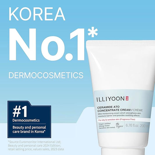 Illiyoon Ceramide Ato Concentrate Cream | Moisturizer for Dry & Sensitive Skin, 100hr Lasting Hydration, For Face & Body, Gentle for Infants, Moisture Barrier Repair, Vegan Certified, 2.53 fl.oz.