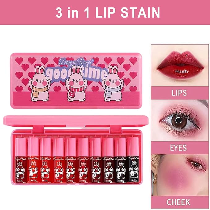 10 Colors Lip Tint Stain Set, Korean Lip Gloss Set, Watery Mini Liquid Lipstick Long lasting, Lightweight, Multi-Use Lip and Cheek Tint, High Pigment, Vivid Color Lip Makeup
