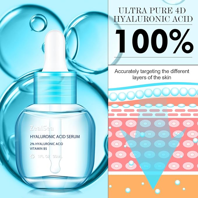 ZealSea Hyaluronic Acid Serum for Face, Hydrating Microneedling Serum, EWG Certified for Sensitive Skin, Vegan Fragrance Free Non-Comedogenic Absorb Quickly, Pure Hyaluronic Acid Anti-Aging 1 Oz