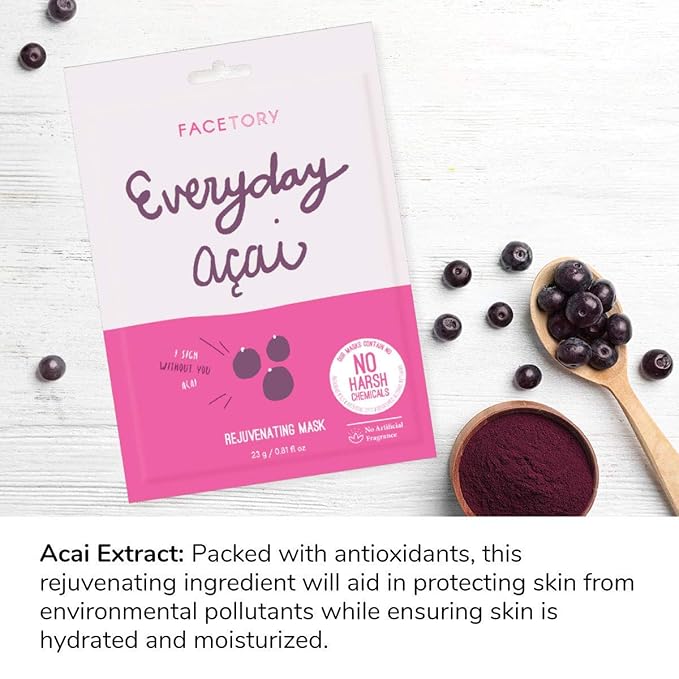 FACETORY K Beauty Face Mask Skin Care - Everyday ACAI Rejuvenating Sheet Mask | Plant-Based with Acai Infusion (5 Pack)