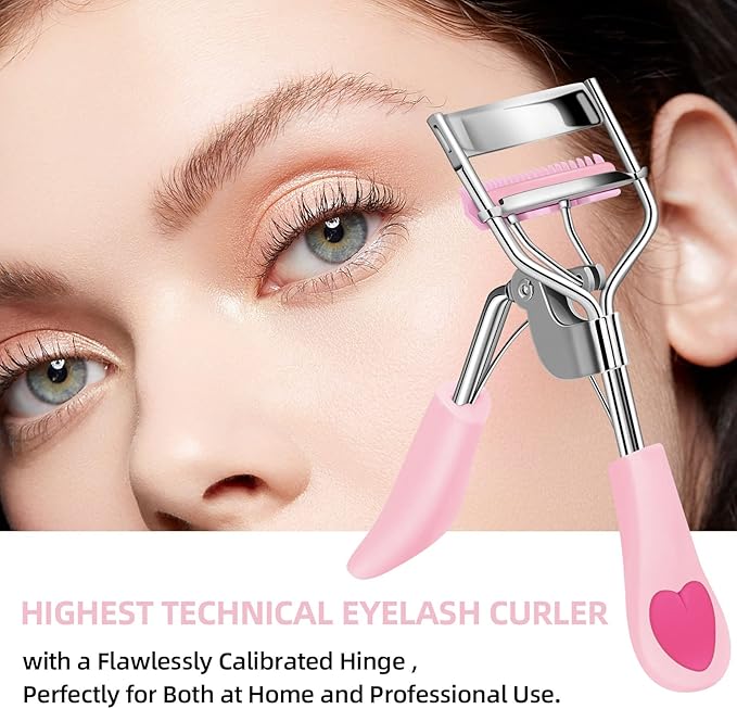 Eyelash Curler with 5PCS Silicone Refill Pad Fit All Eye Shape Curved Eyelash Curler,Natural and Long Lasting Lash Curler for Women Make Up Gift(Light Pink)