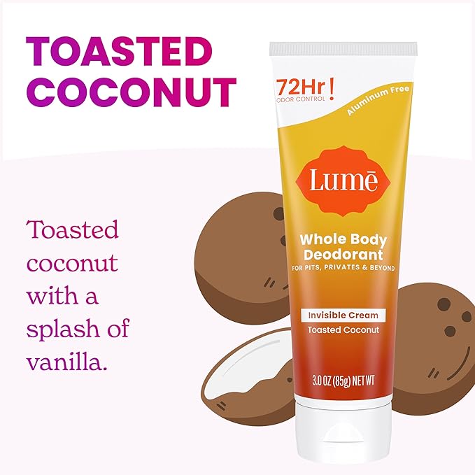 Lume Whole Body Deodorant - Invisible Cream Tube - 72 Hour Odor Control - Aluminum Free, Baking Soda Free, Skin Safe - 3.0 ounce (Pack of 2) (Toasted Coconut)