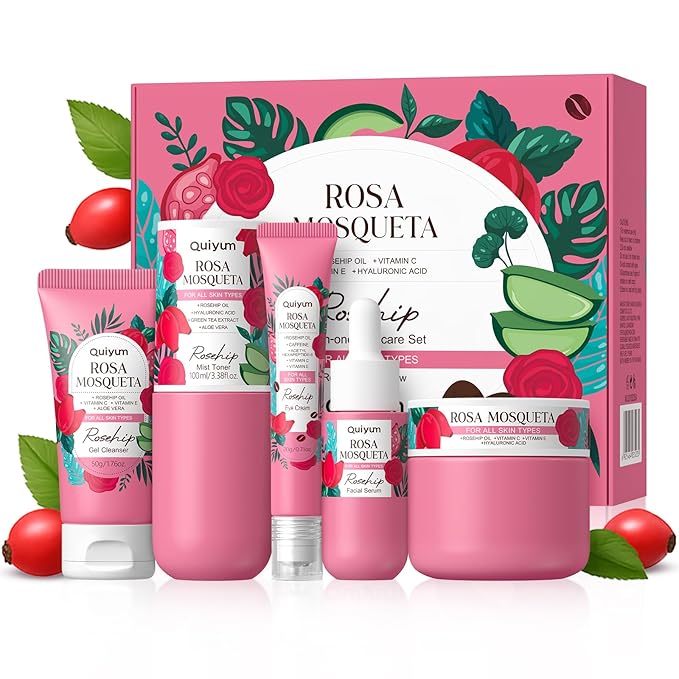 Skin Care Set, Rosehip Vitamin E Skincare Kits 5PCS- Beauty Skin Care for Women, Facial Skin Care Routine Set Kit, Restore Skin Elasticity, Refine Skin Texture, Even Skin Tone, for All Skin Types