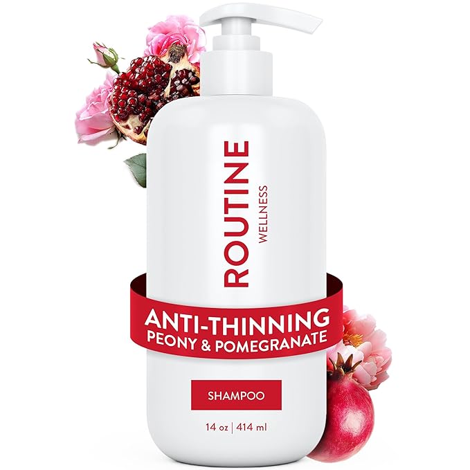 Routine Wellness Anti-Thinning Shampoo for Thinning Hair - Biotin DHT Blocker Women & Men - Color Safe Shampoo for Hair Loss & Healthy Hair - Peony & Pomegranate - 14oz