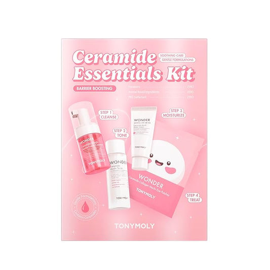 TONYMOLY Wonder Ceramide Mochi Essentials 4-Piece Skincare Set – Travel Toner, Cleanser, Cream & Eye Patches, Hydrating Korean Skincare Kit