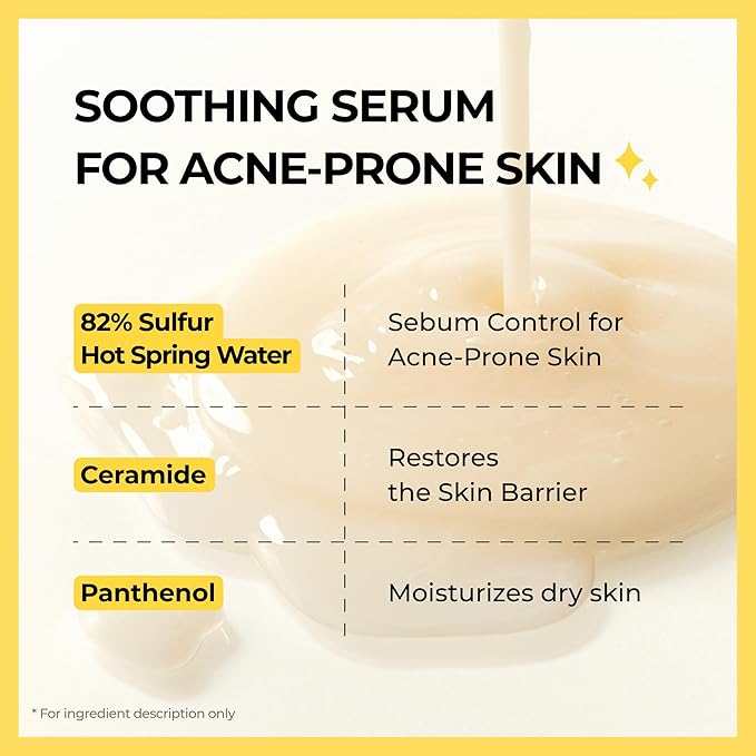 Sulfur Hot Spring Water 82% Soothing Serum with Ceramide, Panthenol, Hyaluronic acid, Hydrating, Glass skin, Non comedogenic, for Dry Skin, Acne-Prone, Korean Skin Care (1.79 fl.oz. 53ml)
