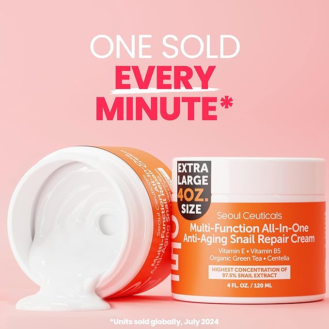 SeoulCeuticals Large 4oz 97.5% Snail Mucin Moisturizer Cream Korean Skin Care - K Beauty Skincare Day & Night Snail Repair Cream Filtrate Cruelty Free