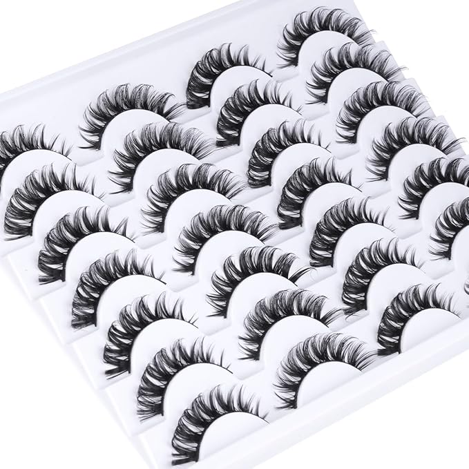 Fake Eyelashes Wispy Faux Mink Lashes D Curly 3D Volume False Lashes Russian Strip Lashes Pack, 14 Pairs