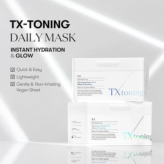 VT COSMETICS TX Toning Daily Mask 30 Sheets, Tranexamic Acid, Niacinamide, Glutathione for Acne Scars, Dark Spots, Sun Spots, Hydrating & Glowing Facial Mask, Fragrance-Free, Korean Face Mask
