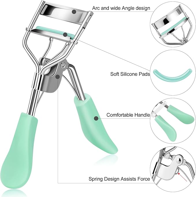 Eyelash Curler with Comb and Brush Fit All Eye Shape Curved Eyelash Curlers with 5PCS Silicone Refill Pad,Natural and Long Lasting Lash Curler for Women Make Up Gift(Green)