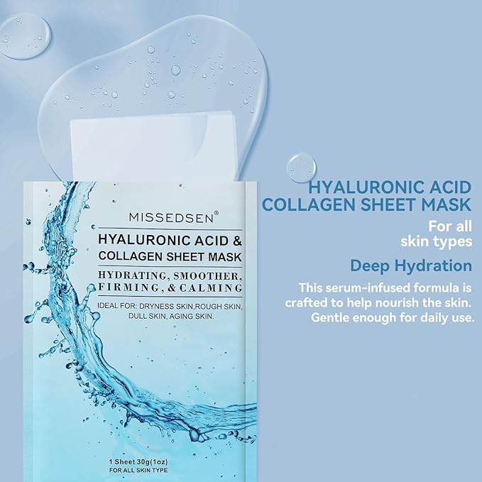 Collagen Face Mask with Hyaluronic Acid, Vitamin E Oil for Skin Care Hydrating, Moisturizing, Brightening & Anti Aging Face Masks Skincare for Oil, Dry, Acne, Sensitive All Skin Types 12PCS