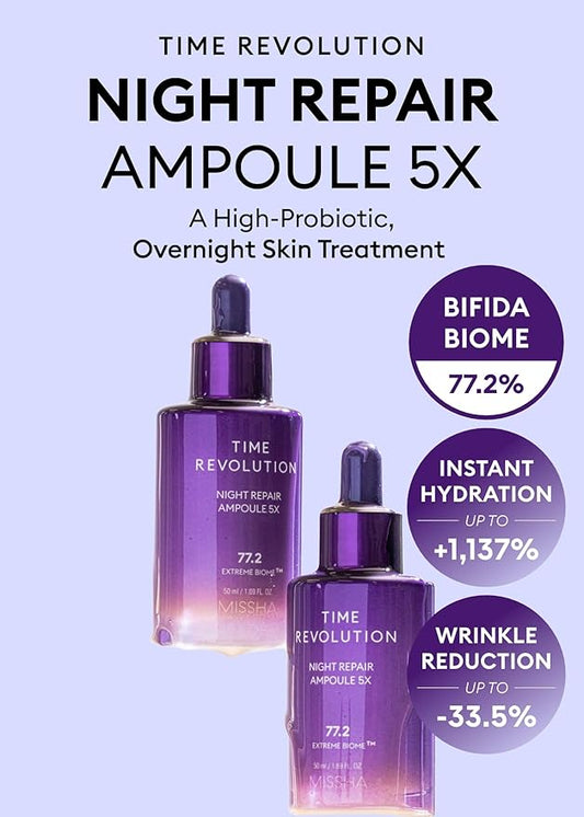 MISSHA Time Revolution Night Repair Face Serum Ampoule (5th Gen) - Overnight Probiotic Skincare for Revitalization and Radiance, 1.69 Fl Oz