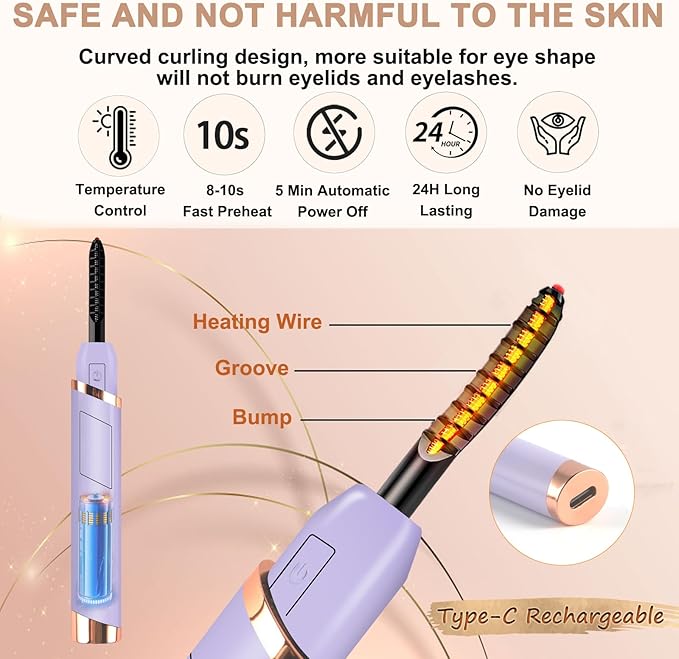Heated Eyelash Curlers, Electric Eyelash Curlers, Rechargeable Lash Curler with Eyelash Comb for Makeup Natural Curling Eye Lashes and 24 Hours Long Lasting - Purple 2024 Updated Model B