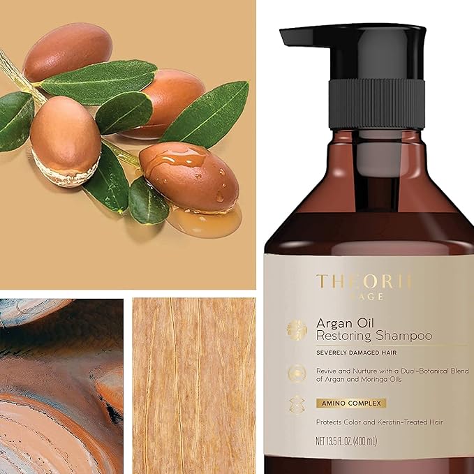 Theorie Argan Oil Restoring Shampoo - Rejuvenate & Moisturize - Sulfate Free - Suited for All Hair Types - Safe for Color & Keratin Treated Hair, Pump Bottle 800mL.