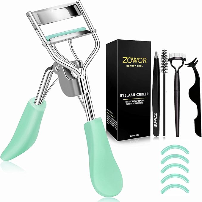 Eyelash Curler with Comb and Brush Fit All Eye Shape Curved Eyelash Curlers with 5PCS Silicone Refill Pad,Natural and Long Lasting Lash Curler for Women Make Up Gift(Green)