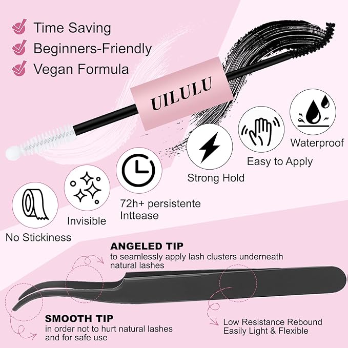 Lash Clusters Kit for DIY Lash Extension at Home, False Eyelashes Set with Bond Seal, Lash Remover, Brush, Tweezers, D Curl Wispy Individual Clusters Eye Lash Extensions (U04 DIY Lash Kit)