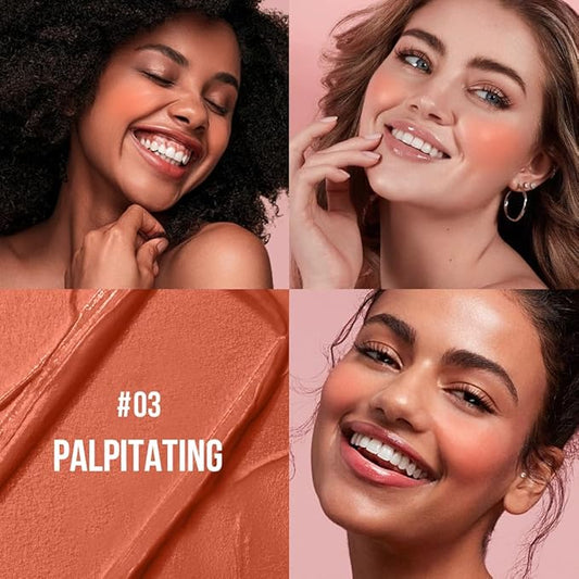 Multi-Use Makeup Cream Blush Stick, Unidollss 3-in-1 Buildable Powder Blush Stick for Cheek, Eye, and Lip, Hydrating formula, All day wear, Easy Application with Thumb Puff Included (03 PALPITATING)