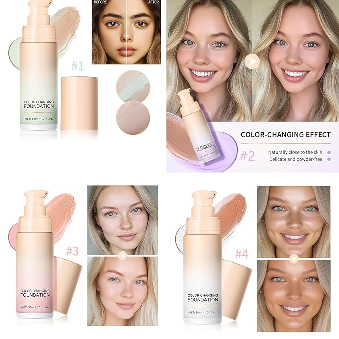 White-Color Changing Foundation, Color Correcting CC Cream with Centella Asiatica, Even Red Skin Tone, Lightweight, Non-Greasy, Moisturizing, Concealing, Natural Finish Concealer(1PCS)