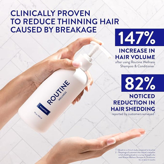 Routine Wellness Anti-Thinning Shampoo for Thinning Hair - Biotin DHT Blocker Women & Men - Color Safe Shampoo for Hair Loss & Healthy Hair - Peony & Pomegranate - 14oz