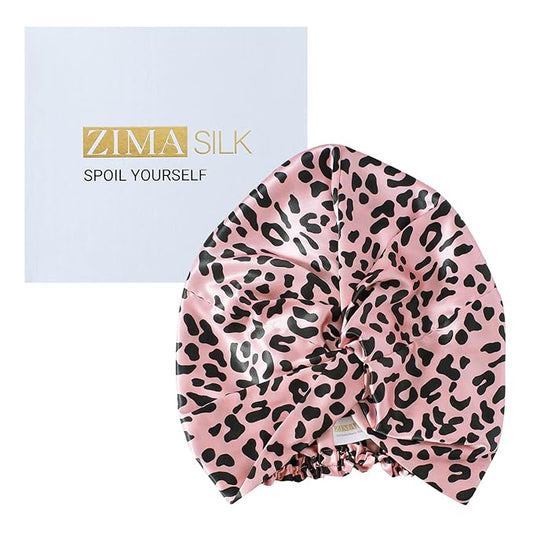 ZIMASILK 22 Momme 100% Mulberry Silk Bonnet for Sleeping & Women Hair Care, Highest Grade 6A Silk Hair wrap for Sleeping with Premium Elastic Stay On Head (1Pc, Leopard Black/Pink)