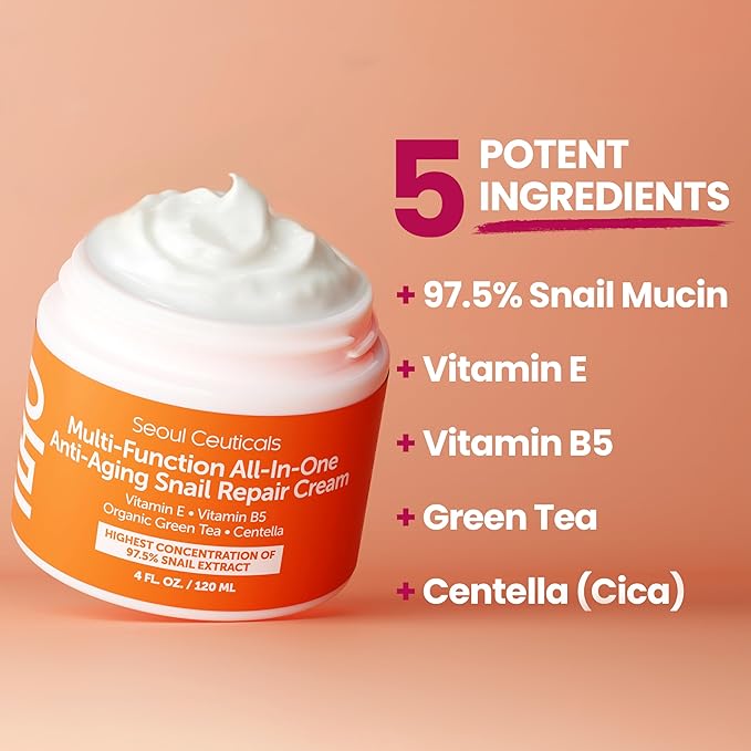 SeoulCeuticals Large 4oz 97.5% Snail Mucin Moisturizer Cream Korean Skin Care - K Beauty Skincare Day & Night Snail Repair Cream Filtrate Cruelty Free