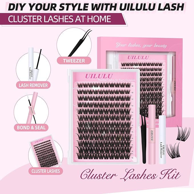 Wispy Lash Clusters Kit 10-18mm Mix D Curl Eye Lashes Wispy Lash Cluster False Eyelash Clusters DIY Lash Extension Kit with Lash Bond & Seal, Lash Glue Remover, Lash Tweezers(U13 Lash Kit)