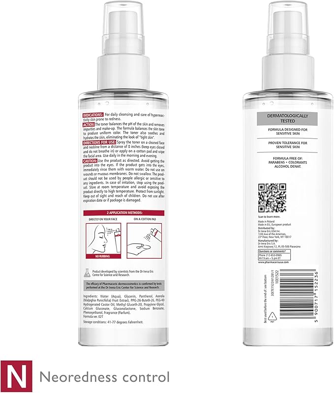 Pharmaceris Redness Soothing Mist Toner – Moisturizing Face Mist, Helps Soothe Redness & Even Skin Tone, Hydrating Spray for Sensitive & Red Skin, Alcohol-Free, pH Balanced, Puri-CAPILIQUE, 6.76 floz