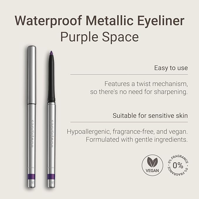 Sandstone Scandinavia Hypoallergenic Waterproof Eyeliner - Fragrance Free Metallic Eye liner - Vegan and Cruelty Free Eye Pencil - Eyeliner Pencil for Sensitive Eyes (Purple Space)
