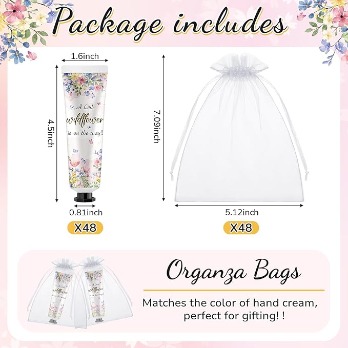 48 Sets a Little flower Is on The Way Baby Shower Hand Cream Bulk Baby Shower Favors Gifts Bridal Thank You Hand Cream for Guests Travel Size Lotion with Organza Bags
