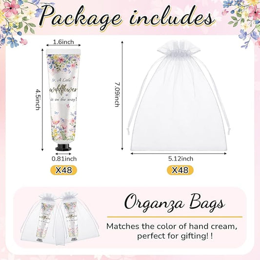 48 Sets a Little flower Is on The Way Baby Shower Hand Cream Bulk Baby Shower Favors Gifts Bridal Thank You Hand Cream for Guests Travel Size Lotion with Organza Bags