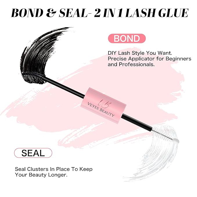 VEYESBEAUTY Lash Bond and Seal Waterproof 2 in 1 Cluster Lash Glue for Eyelash Extensions Long Lasting Strong Hold Individual Eyelash Glue for Self-Application at Home 5ml+5ml