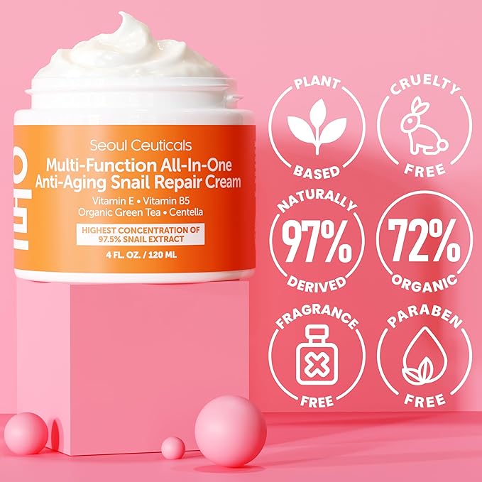 SeoulCeuticals Large 4oz 97.5% Snail Mucin Moisturizer Cream Korean Skin Care - K Beauty Skincare Day & Night Snail Repair Cream Filtrate Cruelty Free