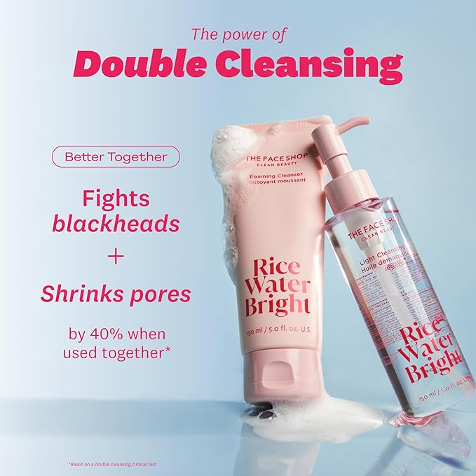 The Face Shop Rice Water Bright Double Cleansing Duo Set with Ceramide, Korean Skin Care, Gentle Face Wash & Pore Control Cleansing Oil, Hydrating, Moisturizing, Vegan Facial Cleanser, Makeup Remover