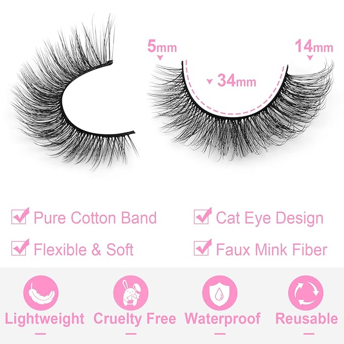 Wispy Mink Lashes 14mm 3D False Eyelashes Natural Look Cat Eye Short Strip Lashes Pack by Kiromiro