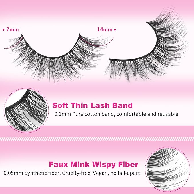 Kiromiro Lashes Wispy False Eyelashes Natural Look Faux Mink Lashes 14mm Cat Eye Pestañas Postizas Naturales Fake Lashes Strip Eyelashes Pack, 14 Pairs