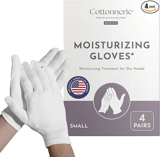 4 Pairs Cottonnerie Basics Cotton Gloves for Dry Hands Sleeping, Moisturizing Gloves Overnight, Hand Moisturizer Gloves, Moisture Gloves for Dry Hands Overnight, Sleeping Gloves, Small