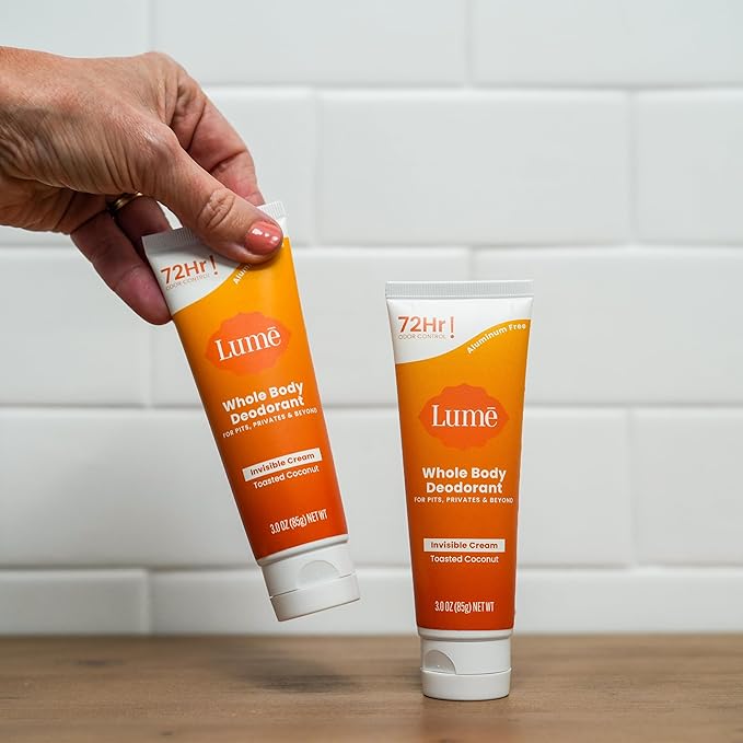 Lume Whole Body Deodorant - Invisible Cream Tube - 72 Hour Odor Control - Aluminum Free, Baking Soda Free, Skin Safe - 3.0 ounce (Pack of 2) (Toasted Coconut)