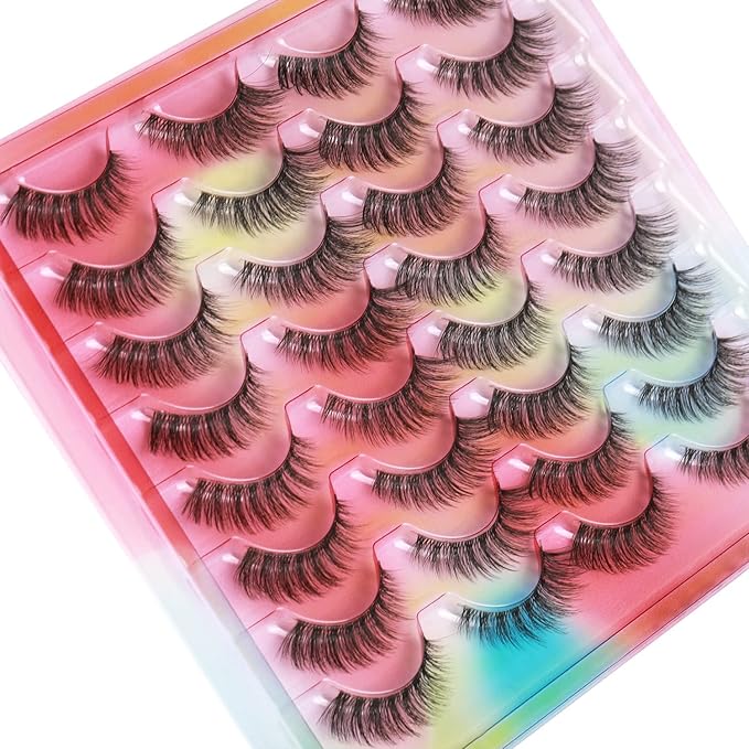 False Eyelashes Natural Look Clear Band Mink Lashes 5D Cat Eye Lashes Wispy Faux Mink Strip Lashes Pack by Kiromiro