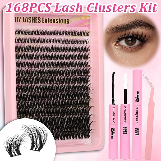 Gmagictobo Cluster Eyelash Extensions Wispy Lash Clusters Kit Volume Lash Extension Kit 168Pcs 8-16mm Individual Lashes Fairy Natural Lash Clusters Manga Lash Cluster Glue Lash Tweezers