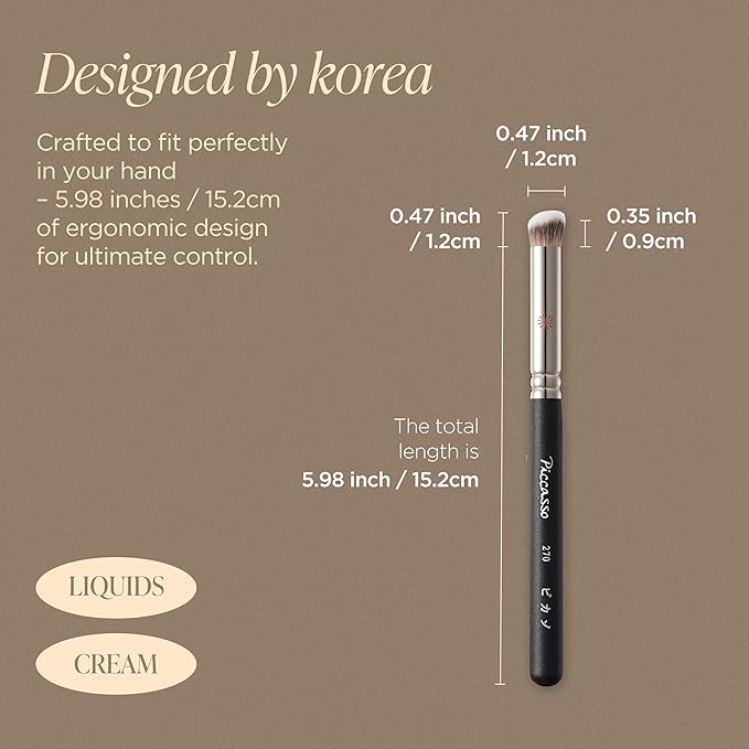 Piccasso 270 Concealer Brush – Large Angled Brush for Face Makeup, Under Eye Concealer, and Liquid Blush, Soft Bristles for Cream and Liquid Products, Korean Makeup Brush for Pore Coverage