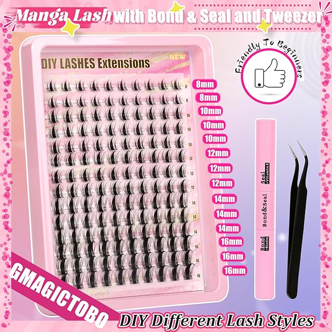 Gmagictobo Lash Clusters Manga Lash Clusters Kit Clear Fairy Eyelash Clusters Wet-Look Spiky Anime Lashes Pack C Curl Individual Lashes Lash Glue Lash Tweezers