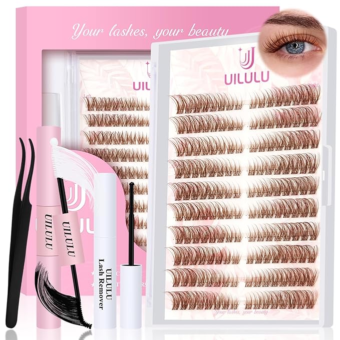 Brown Lash Clusters Kit Natural Lashes Extensions Wispy Eyelash Cluster 160pcs D Curl Left&Right with Bond & Seal, Glue Remover, Tweezers(U16)