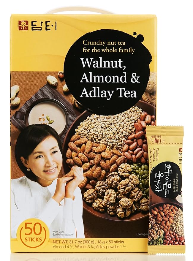 Damtuh Korean Walnut Almond Adlay (Job's Tear) Powder Meal Replacement Shake – Nutty Breakfast Drink, Misugaru, 18g x 50 Sticks