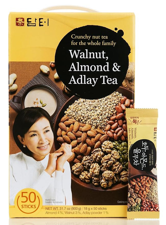 Damtuh Korean Walnut Almond Adlay (Job's Tear) Powder Meal Replacement Shake – Nutty Breakfast Drink, Misugaru, 18g x 50 Sticks