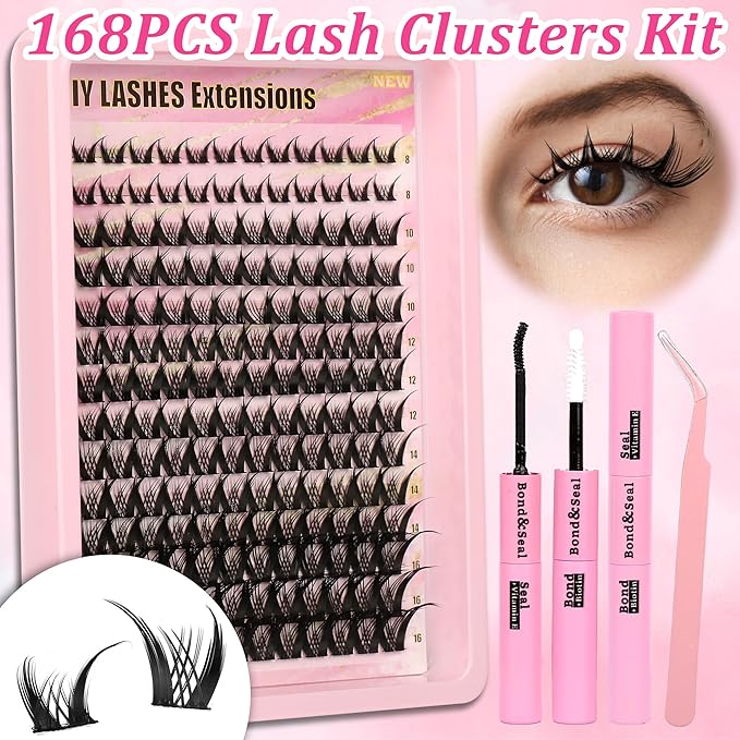 Gmagictobo Manga Lash Clusters Kit Spiky Lashes Clusters Fairy Lash Clusters Wet-Look Anime Lashes Pack 168 Pcs C/D Curl Individual Lashes Lash Bond and Seal Lash Tweezers